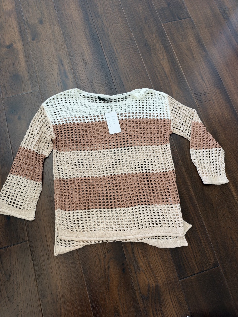 Crochet Stripe Sweater Color Block Top Cream & khaki